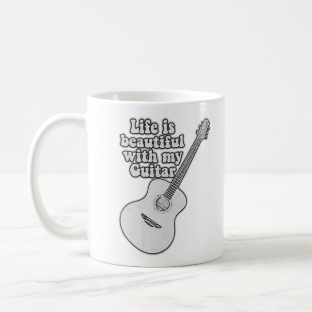 Life is beautiful with my guitar. black and white coffee mug (Left)