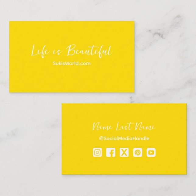 Life is Beautiful Yellow Blog Website Social Media Business Card (Front/Back)