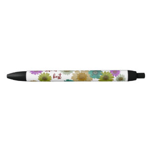 'Life is best school' with botanical floral art Black Ink Pen