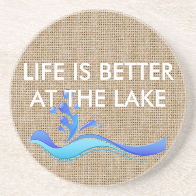 Life Is Better At Lake(white) Burlap Stone Coaster (Front)