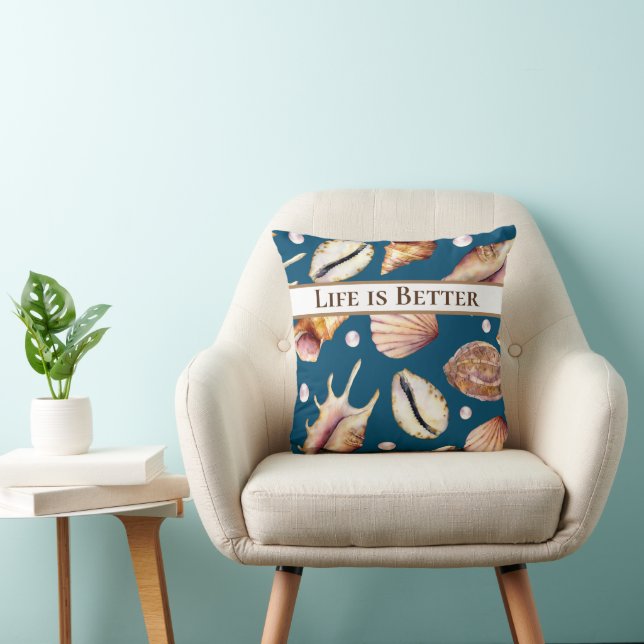 Life is Better at the Beach / Sea Shells / Blue  Cushion (Chair)