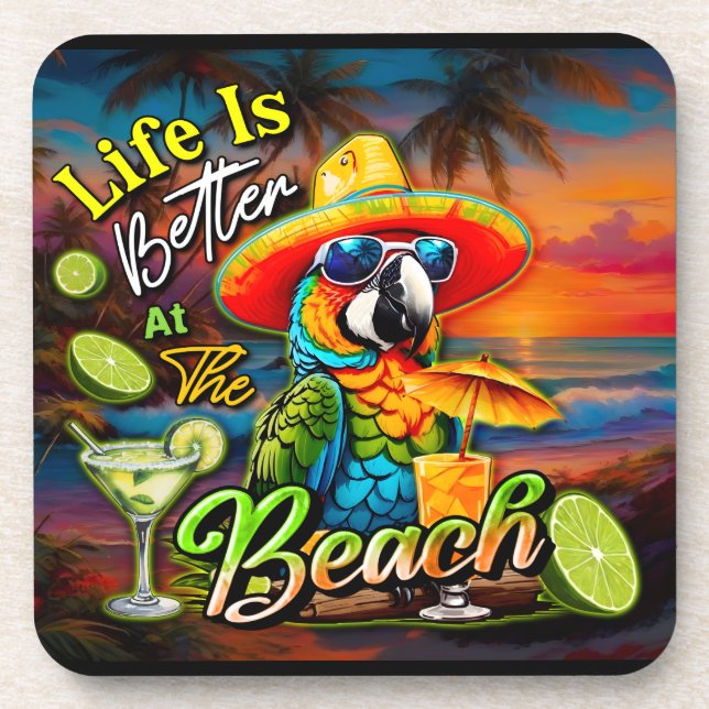 Life Is Better At The Beach Tropical Parrot Coaster (Front)