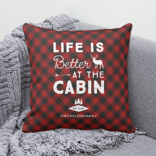 Life is Better at the Cabin Family Buffalo Plaid Cushion