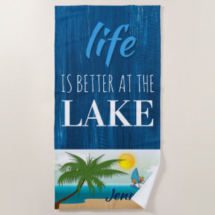 Life is Better at the Lake Blue Wood Personalised Beach Towel