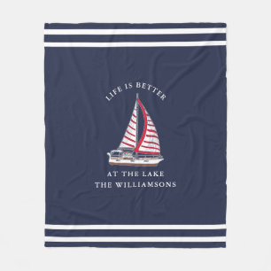 Life is Better at the Lake Navy Blue Red Nautical Fleece Blanket