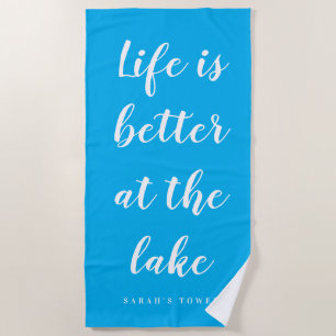 Life is better at the lake personalised blue beach towel