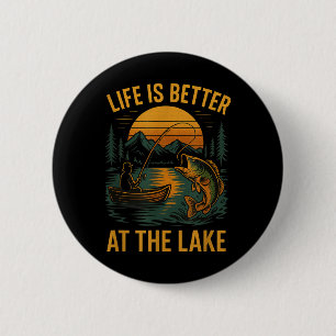 Life Is Better At The Lake – Vintage Fishing Natur 6 Cm Round Badge