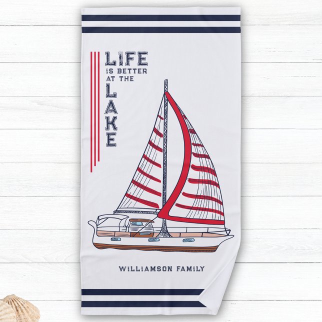 Life is Better at the Lake White Blue Red Nautical Beach Towel (Creator Uploaded)