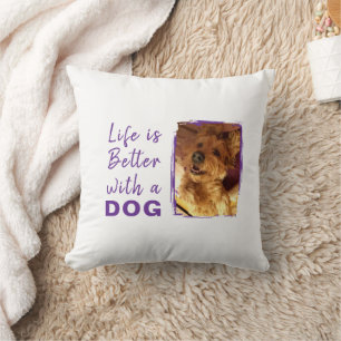 Life is better dog 2 photo name white purple cushion