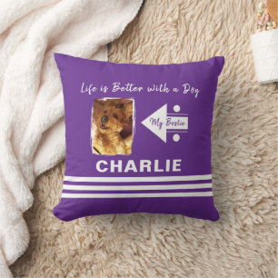 Life is better dog add photo name purple white cushion