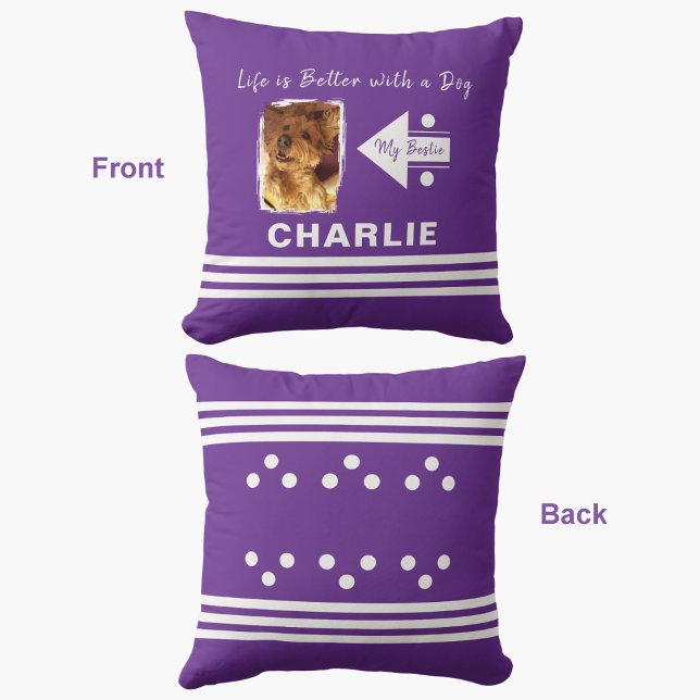 Life is better dog add photo name purple white cushion (Creator Uploaded)