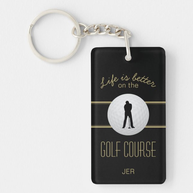 Life is Better Golfer Monogram Black Gold Custom Key Ring (Front)