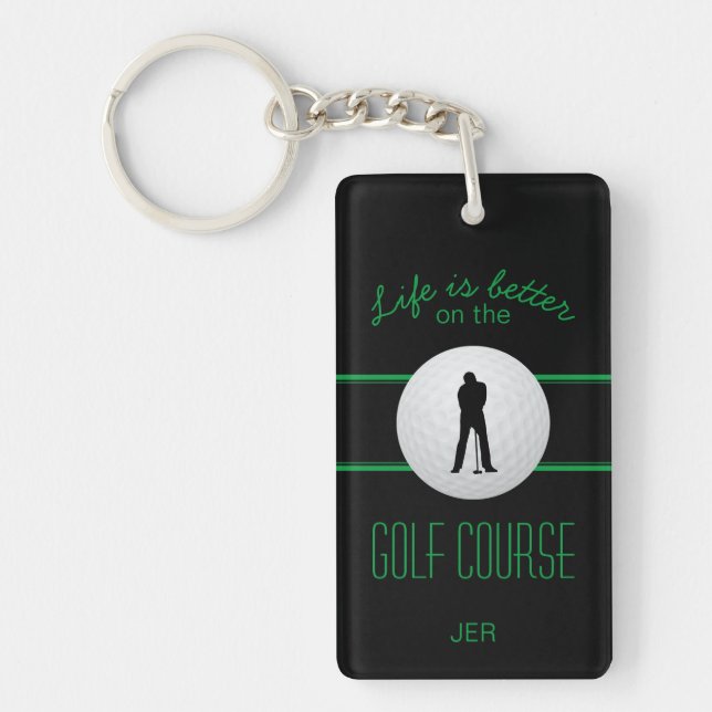 Life is Better Golfer Monogram Black Green Custom Key Ring (Front)