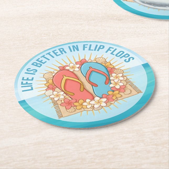 Life Is Better In Flip Flops Round Paper Coaster (Angled)