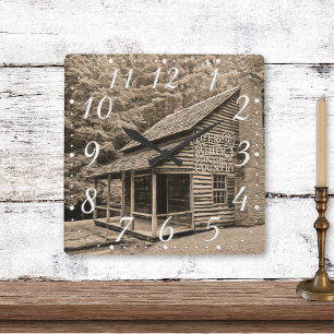 Life Is Better in the Country Old Mountain Cabin Square Wall Clock