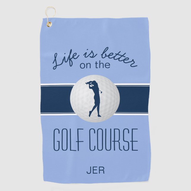 Life is Better Monogrammed Golfer Blue Modern Pro Golf Towel (Front)