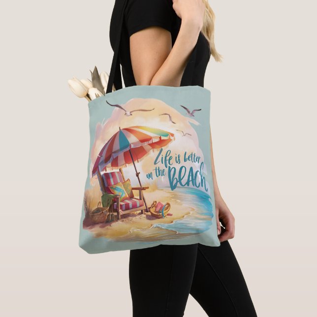 Life Is Better on the Beach Coastal Aesthetic Tote Bag (Close Up)