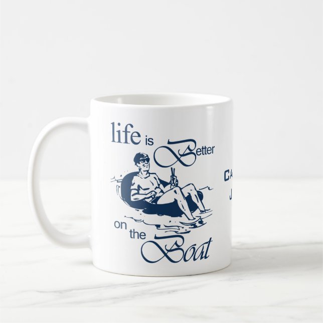 Life is better on the boat Funny Rowboat Cartoon Coffee Mug (Left)