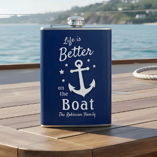 Life Is Better On The Boat Nautical Family Name Hip Flask