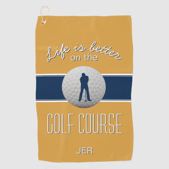 Life is Better Quote Golf Monogrammed Yellow Blue Golf Towel (Front)