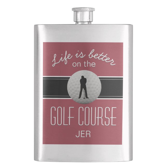 Life is Better Quote Golfing Monogram Crimson Red Hip Flask (Front)