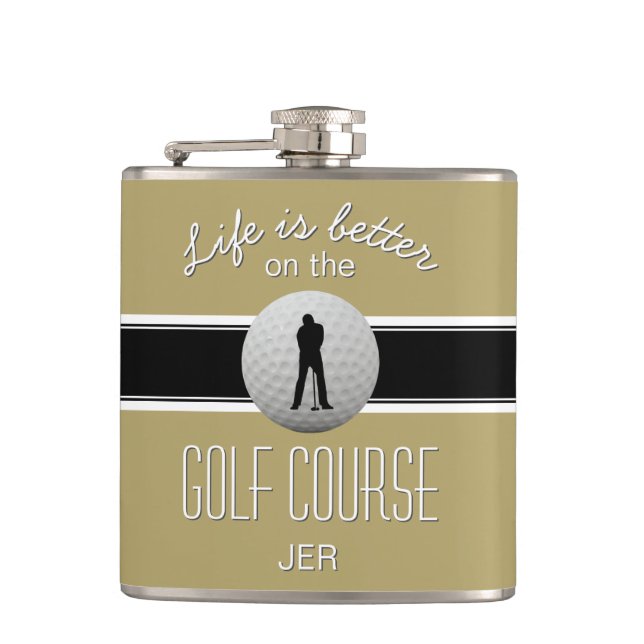 Life is Better Quote Golfing Monogram Gold Black Hip Flask (Front)