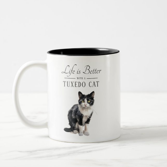 Life is Better Tuxedo Cat Two-Tone Coffee Mug (Left)