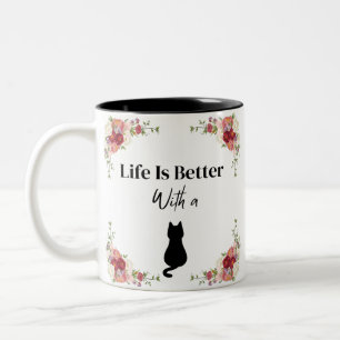 Life Is Better With A Cat Floral Silhouette Two-Tone Coffee Mug