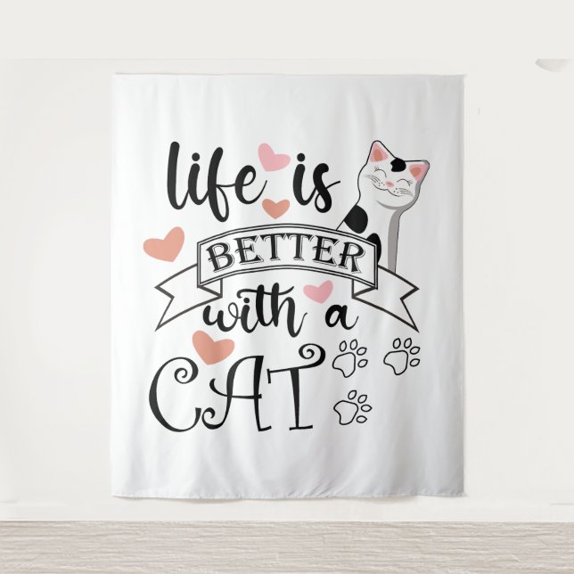 Life is Better With a Cat quote slogan Tapestry (Front)