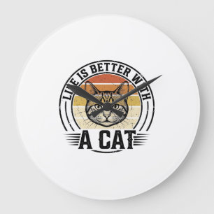 Life Is Better With A Cat Vintage Cat Shirt Design Large Clock