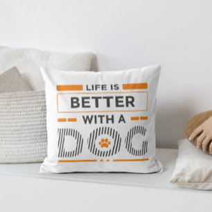 Life is better with a dog modern orange and grey cushion