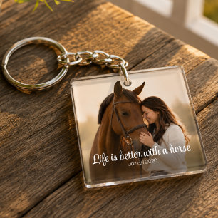 Life Is Better With A Horse Script Photo Monogram Key Ring