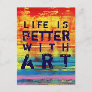 Life is Better with Art- Red Yellow Abstract Art Postcard