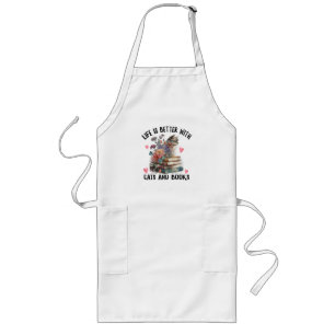 Life is better with Cats and Books Funny Cat Long Apron