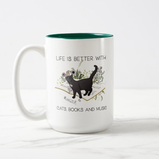 Life is Better With Cats Books and Music Two-Tone Coffee Mug (Left)