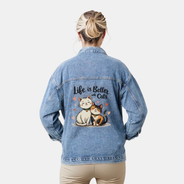 Life is Better with Cats Cute Cat Aesthetic Denim Jacket (Model)