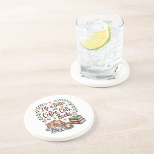 Life Is Better with Coffee Cats Books Coaster