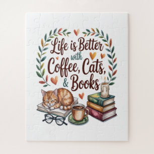 Life Is Better with Coffee Cats Books Jigsaw Puzzle