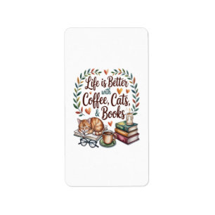 Life Is Better with Coffee Cats Books Label