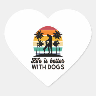 Life Is Better With Dogs Retro Sunset Man and Dog Heart Sticker
