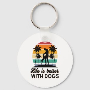 Life Is Better With Dogs Retro Sunset Man and Dog Key Ring