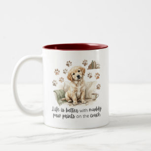 Life Is Better with Muddy Paw Prints Puppy Gift Two-Tone Coffee Mug