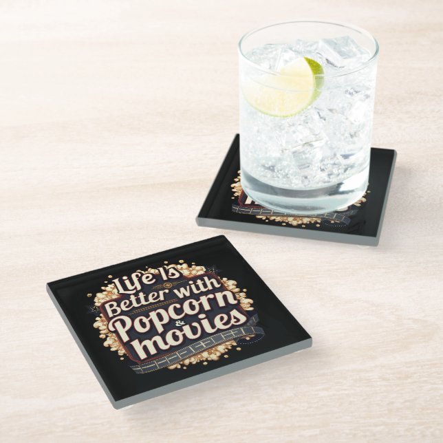 Life Is Better with Popcorn & Movies Retro Design Glass Coaster (Angled)