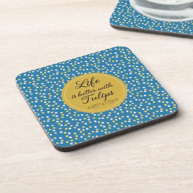 Life is better with Tulips - Blue yellow pattern Coaster (Left Side)