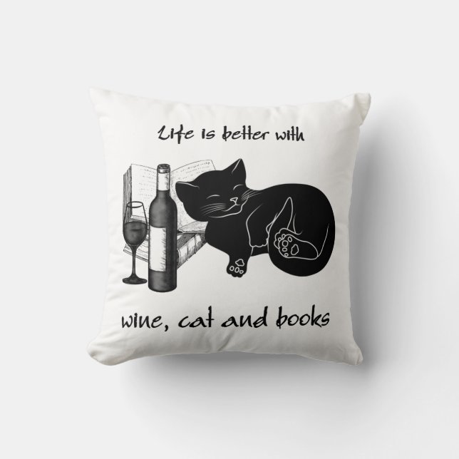 LIFE IS BETTER WITH WINE CAT AND BOOKS CUSHION (Front)
