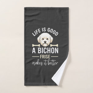 Life Is Good Bichon Frise Dog Bones White Fur Hand Towel