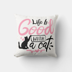 Life is Good Kitten Kitty Gift White Pink Cat Cushion