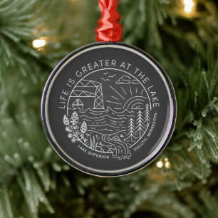 Life is Greater at the Lake – White and Grey Metal Ornament