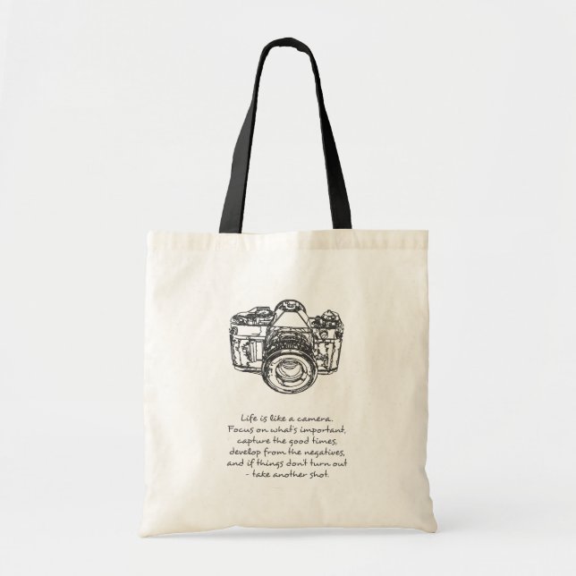 Life is like a camera quote, Black and White Tote Bag (Front)