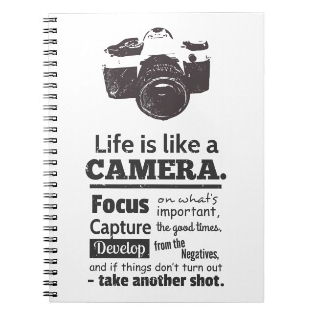 Life is like a camera quote, Black Grunge Notebook (Front)